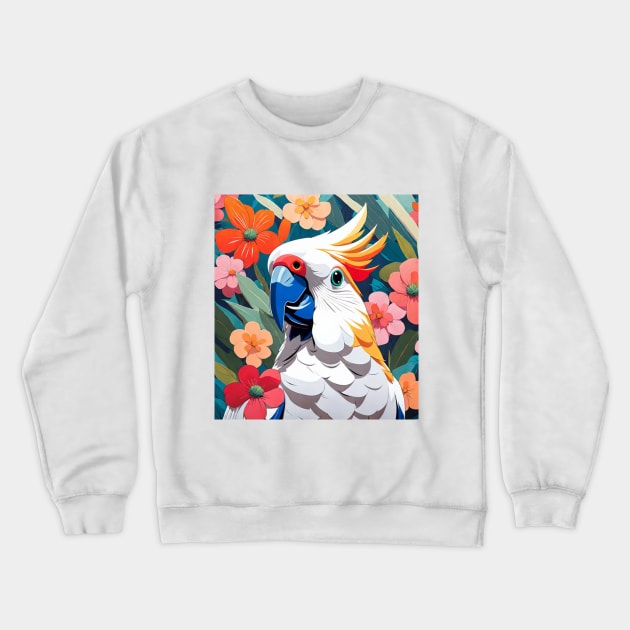 Colorful Cockatoo, Cockatiel in front of vibrant florals Crewneck Sweatshirt by Sieve's Weave's